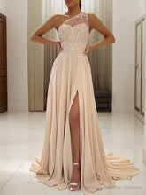 A-Line/Princess One-Shoulder Sweep Train Chiffon Prom Dresses With Leg Slit